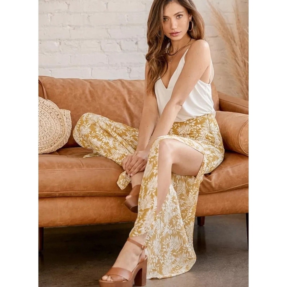 Lulus Hey Vacay Yellow Tropical Print Wide-Leg Pants Beach Cruise Size‎ M